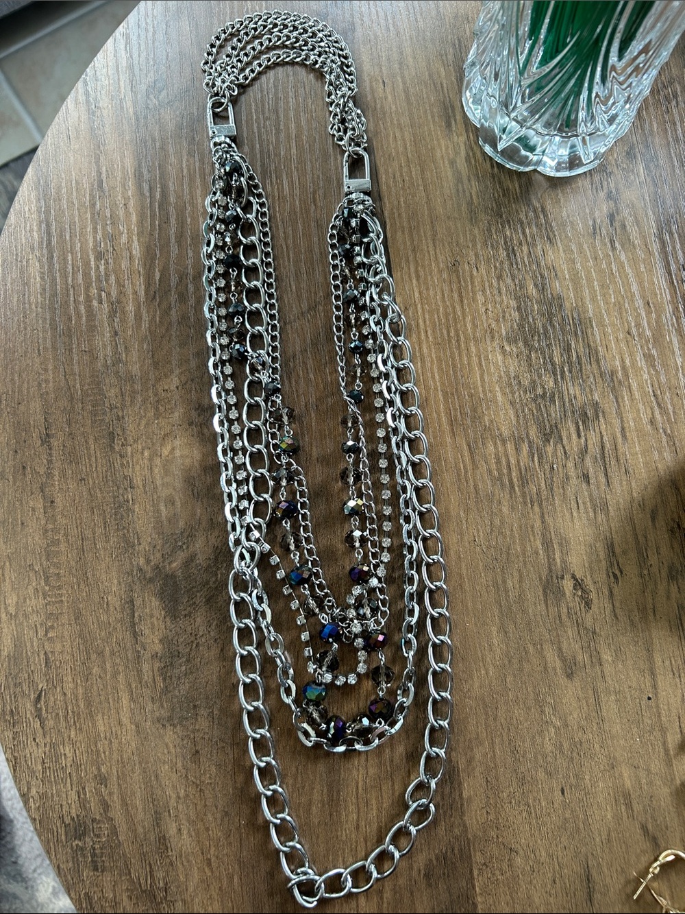 Multi-Strand Silver Chain Necklace with Iridescent Beads 30” Adjustable length